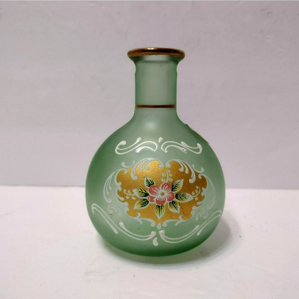 SC Line Italy Green Glass Bud Vase, Art Glass Handpainted in Gold Gilt Trim, NEW